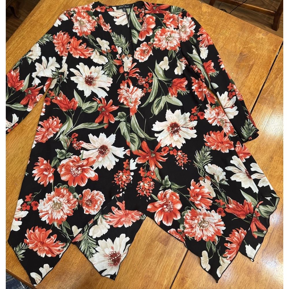 Slinky Brand Womens Small Black Floral Cardigan Semi Sheer Open Front Flowy
